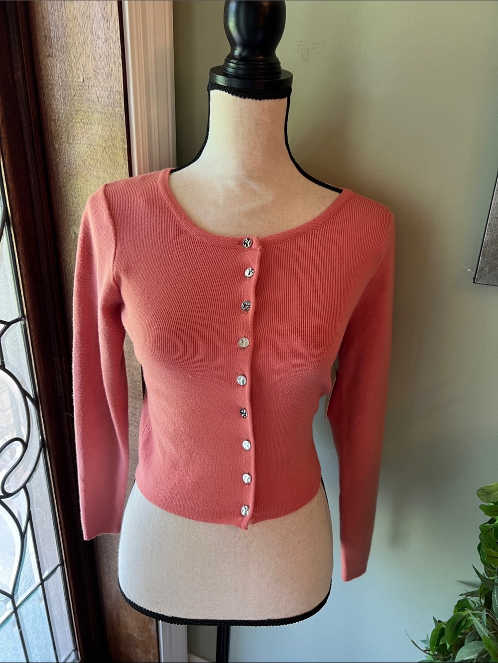 Slim Ribbed Coral Pink Button-Down Cardigan